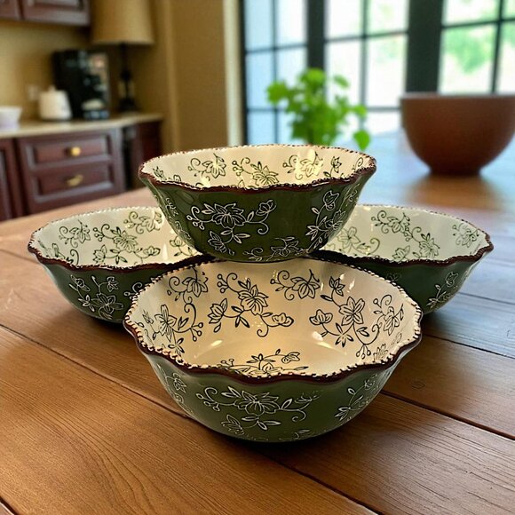 Temptation By Tara Floral Lace Scalloped Edge Green Set Of 4 Cereal Soup 0.8 Qt - Picture 1 of 3